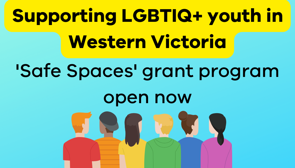 News - LGBTIQ+ safe spaces grant graphic of people dressed in coloured tops that make up the colour of the LGBTIQ+ rainbow symbol