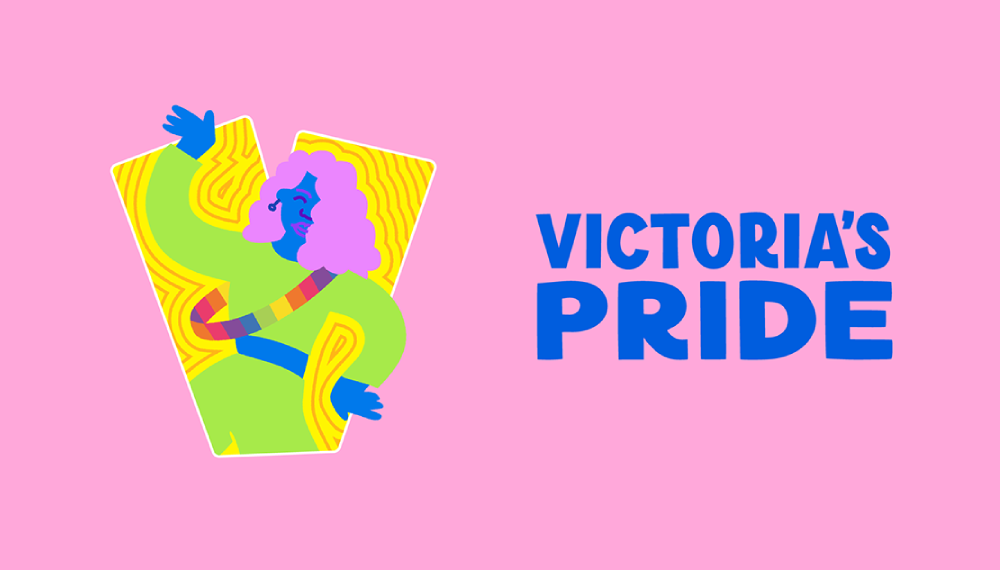 Victoria's Pride text in bold blue on a bright pink background