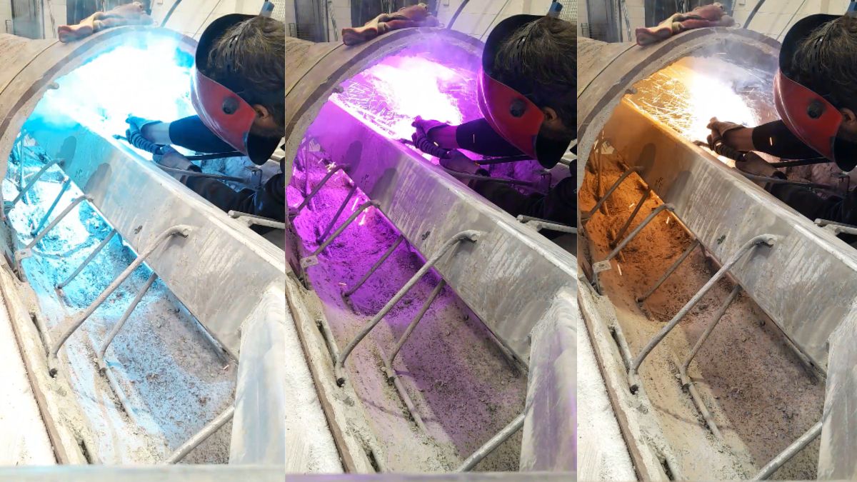 The steel scaffolding is welded into place in the wrist by an artisan at Aeroplane Workshop.