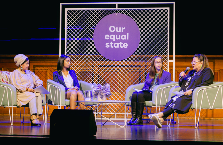 Host Tasneem Chopra OAM with panellists Mariam Koslay, Dr Leonora Risse and Jill Gallagher AO at the launch of Our equal state at Melbourne Town Hall.