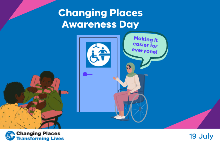 A toilet door with the Changes Places logo on it and people in wheelchairs