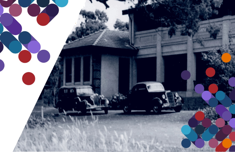Vintage cars in front of an institutional building partially covered by coloured dots on the left and right-hand-sides