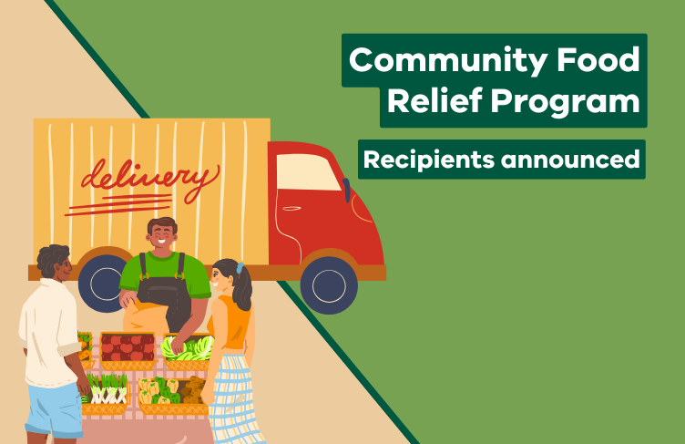 People watching a man behind a market stall putting fresh food into a bag with a delivery van behind them.