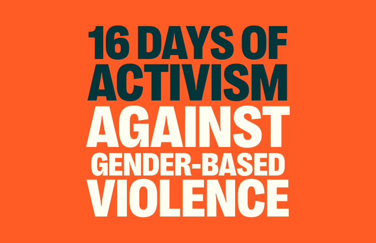 An orange square with white text that says 16 days of activism against gender-based violence.