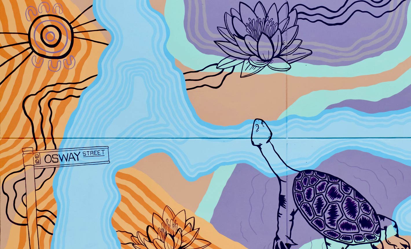 The Lilardia mural, in blue, purple and orange, with illustrations of a water lily, brolga and turtle.