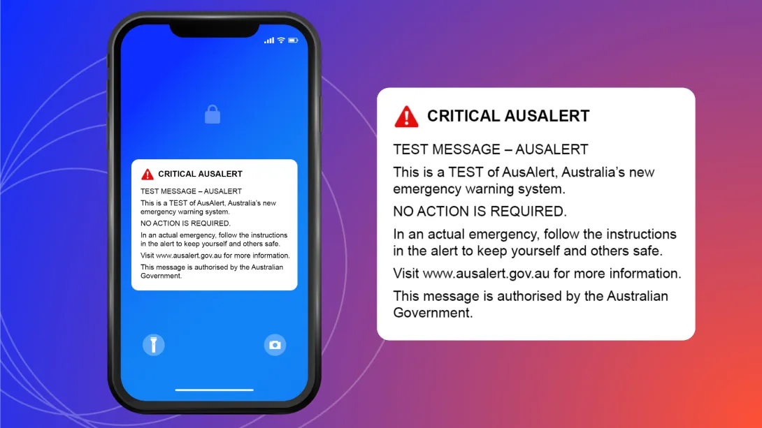 Alternative text for this image is under the heading 'Alternative text version for the critical AusAlert test message sample image'
