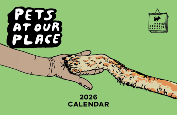 An animal paw touching a human hand. Pets at our place 2026 calendar