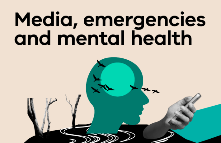 Silhouette of a head looking at a hand holding a mobile phone set in a fire affected landscape.